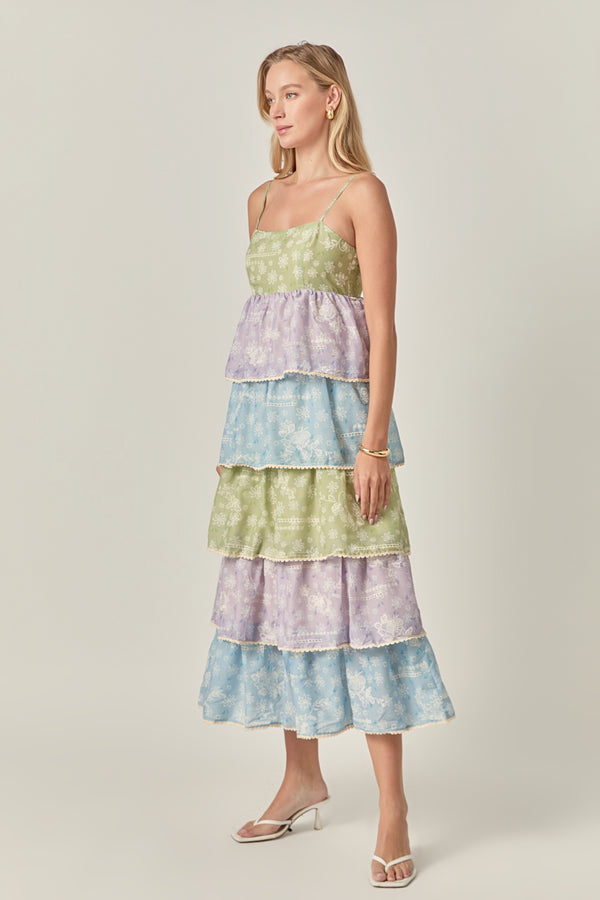 English Factory Floral Print Maxi Tiered Dress MULTI