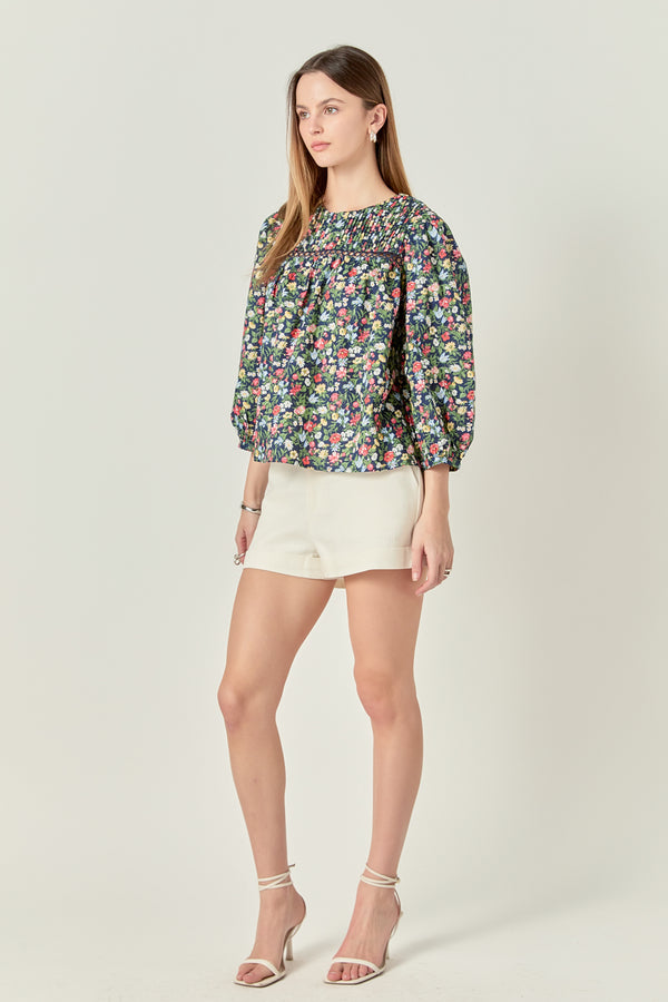 English Factory Floral Print Pintuck Detail Top NAVY