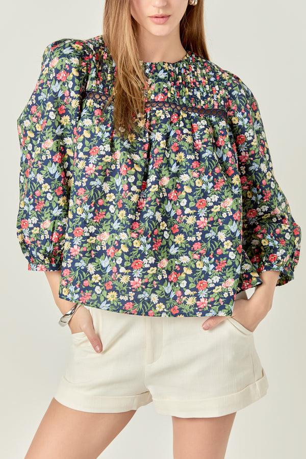 English Factory Floral Print Pintuck Detail Top NAVY
