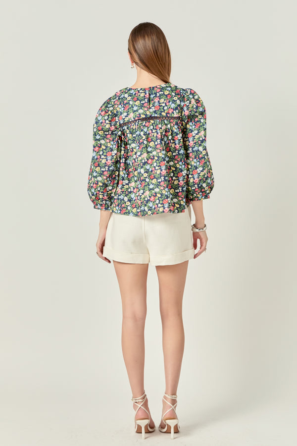 English Factory Floral Print Pintuck Detail Top NAVY