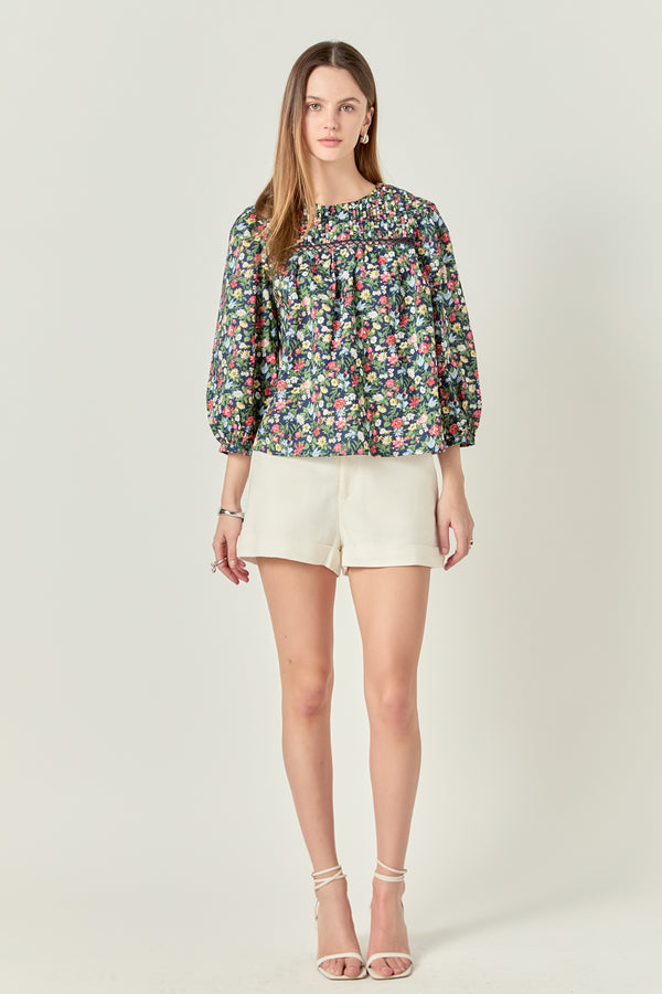 english factory Floral Print Pintuck Detail Top NAVY