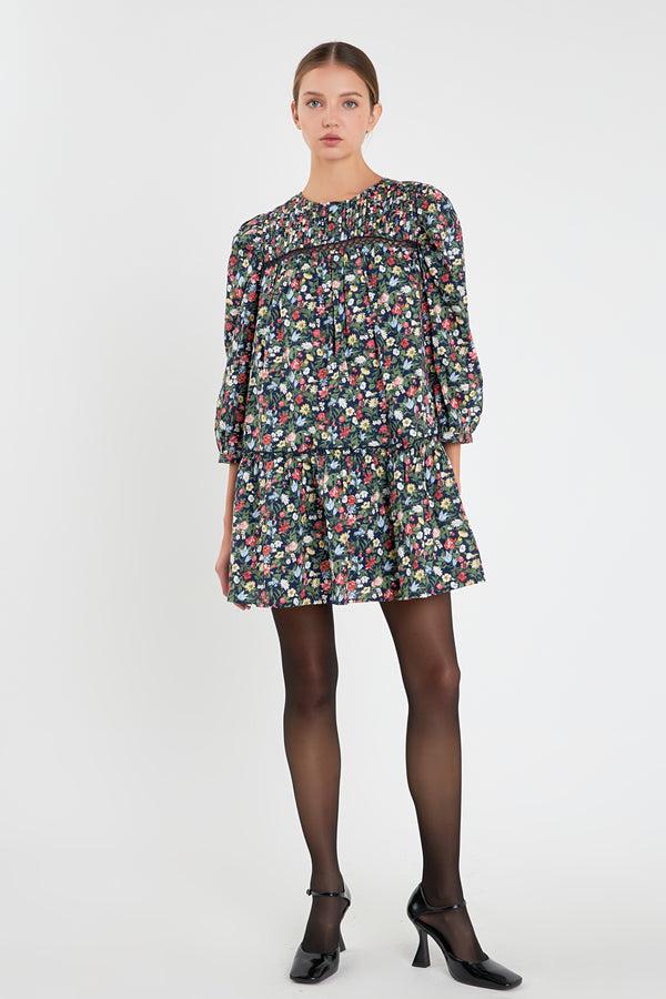 english factory Floral Print Pintuck Mini Dress NAVY MULTI