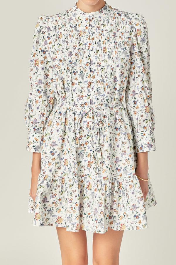 English Factory Floral Print Pintuck Smock Mini Dress MULTI