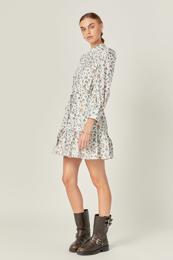 English Factory Floral Print Pintuck Smock Mini Dress MULTI