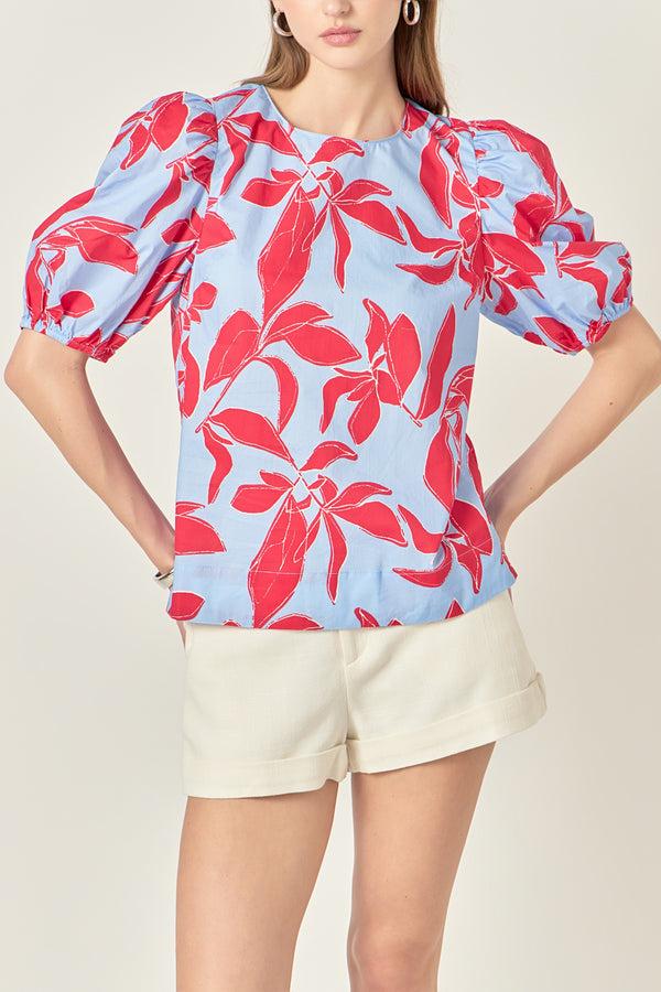 English Factory Floral Print Puff Short Sleeve Top BLUE MULTI