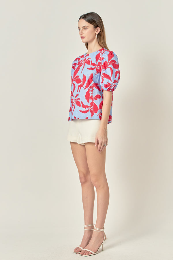 English Factory Floral Print Puff Short Sleeve Top BLUE MULTI