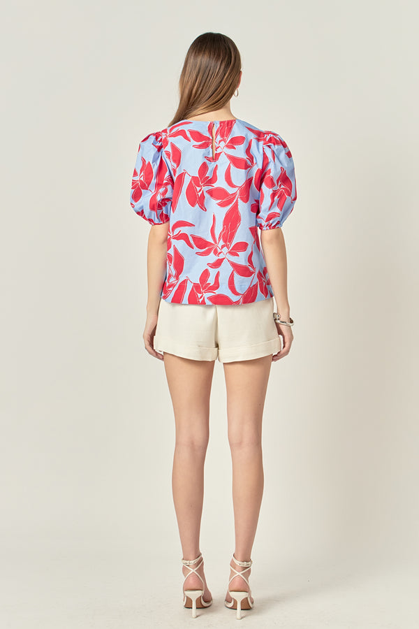 English Factory Floral Print Puff Short Sleeve Top BLUE MULTI
