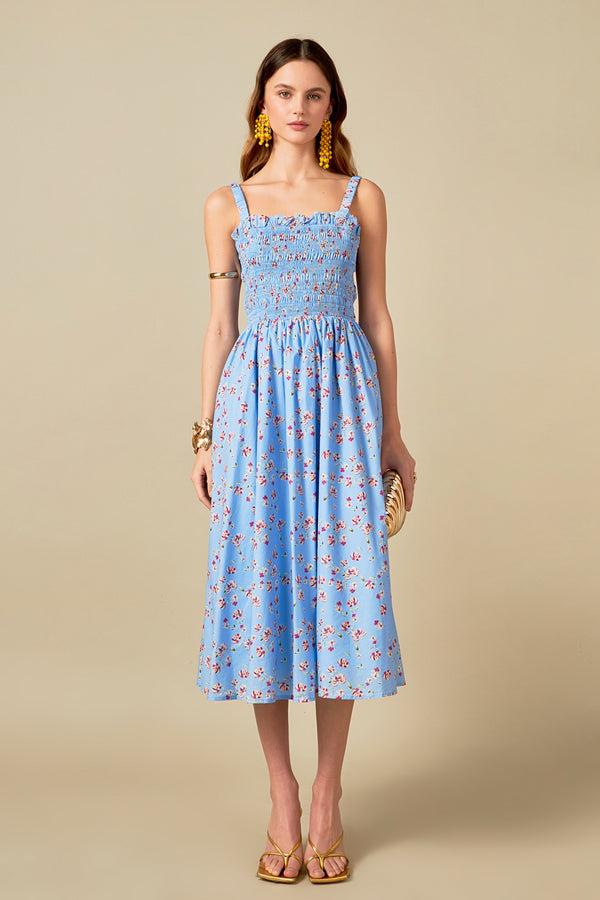english factory Floral Print Smocked Dress in Blue BLUE MULTI