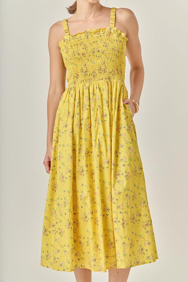 English Factory Floral Print Smocked Dress In Yellow YELLOW