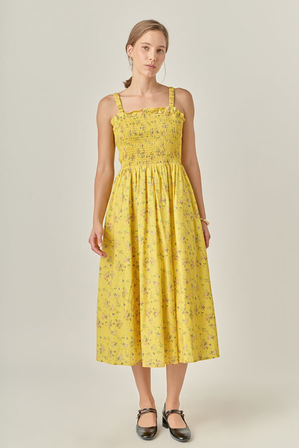 english factory Floral Print Smocked Dress in Yellow YELLOW