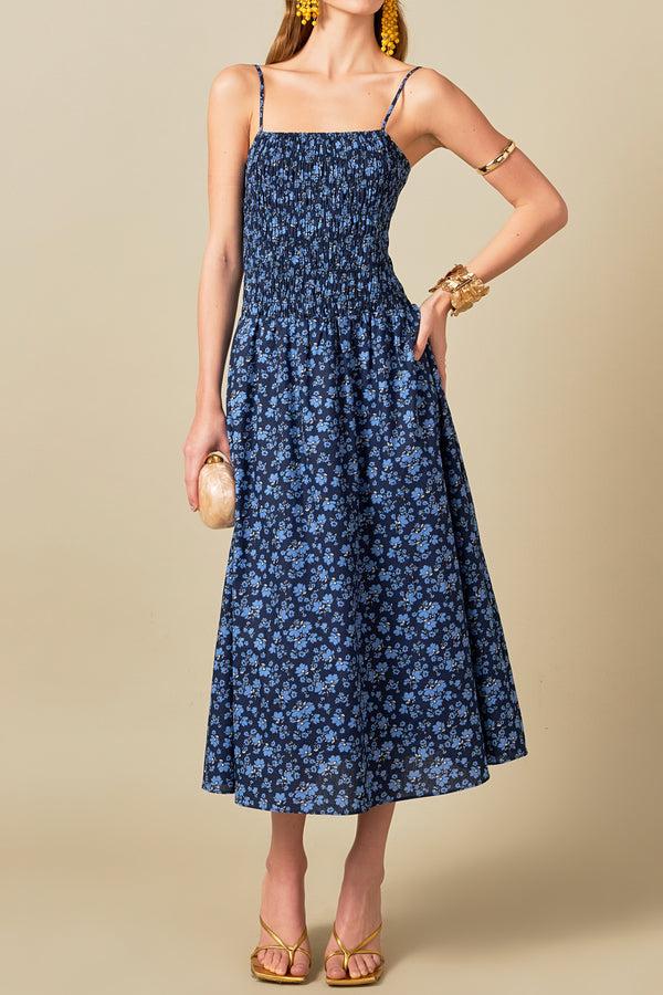English Factory Floral Print Smocked Midi Dress NAVY MULTI