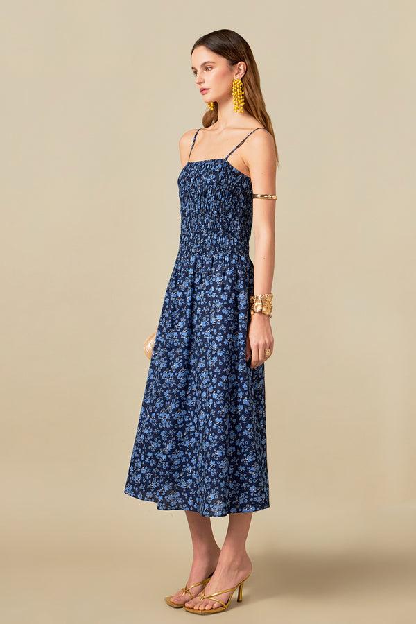 English Factory Floral Print Smocked Midi Dress NAVY MULTI