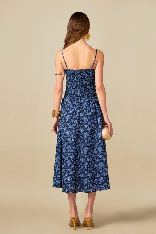 English Factory Floral Print Smocked Midi Dress NAVY MULTI