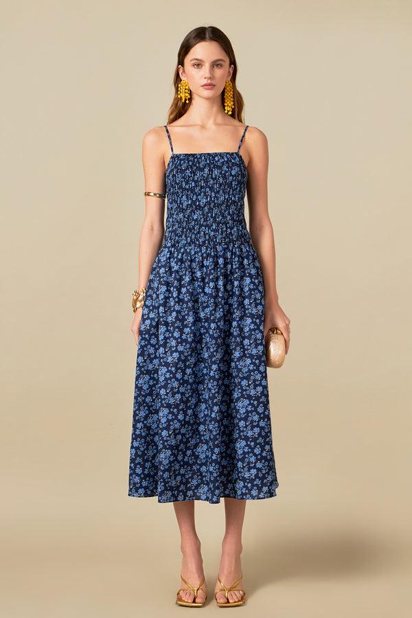 english factory Floral Print Smocked Midi Dress NAVY MULTI