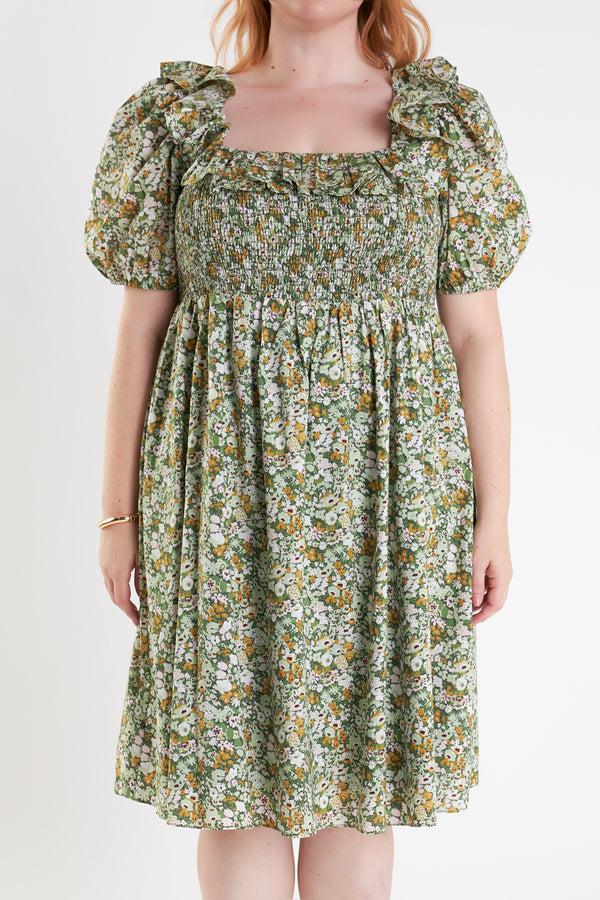 English Factory Floral Print Smocked Puff Sleeve Dress GREEN MULTI