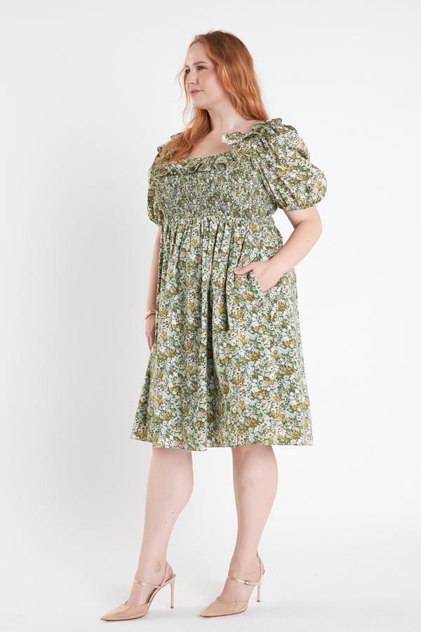 English Factory Floral Print Smocked Puff Sleeve Dress GREEN MULTI