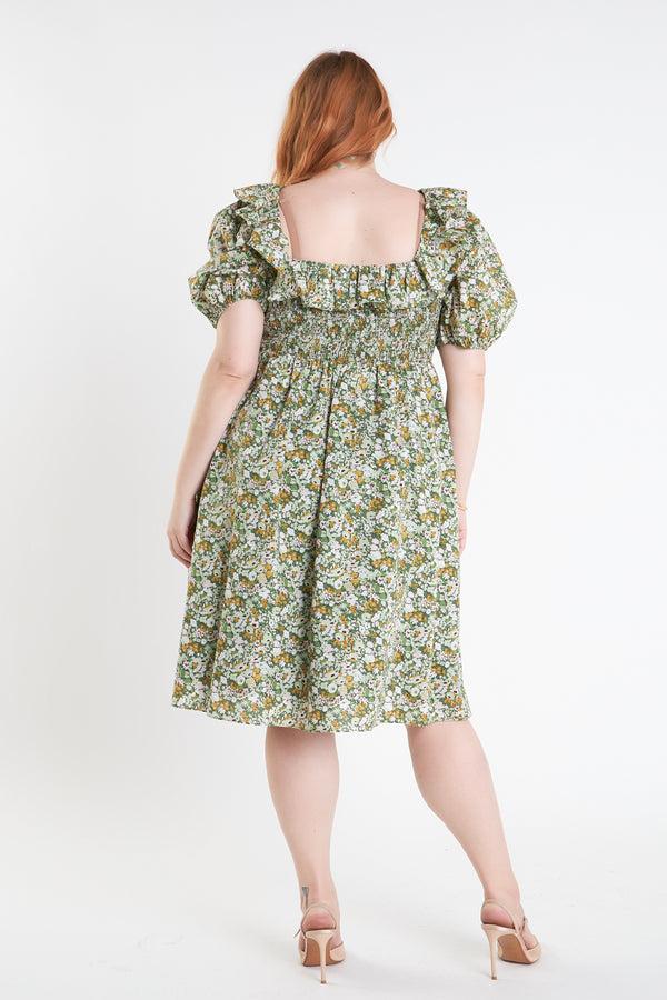 English Factory Floral Print Smocked Puff Sleeve Dress GREEN MULTI