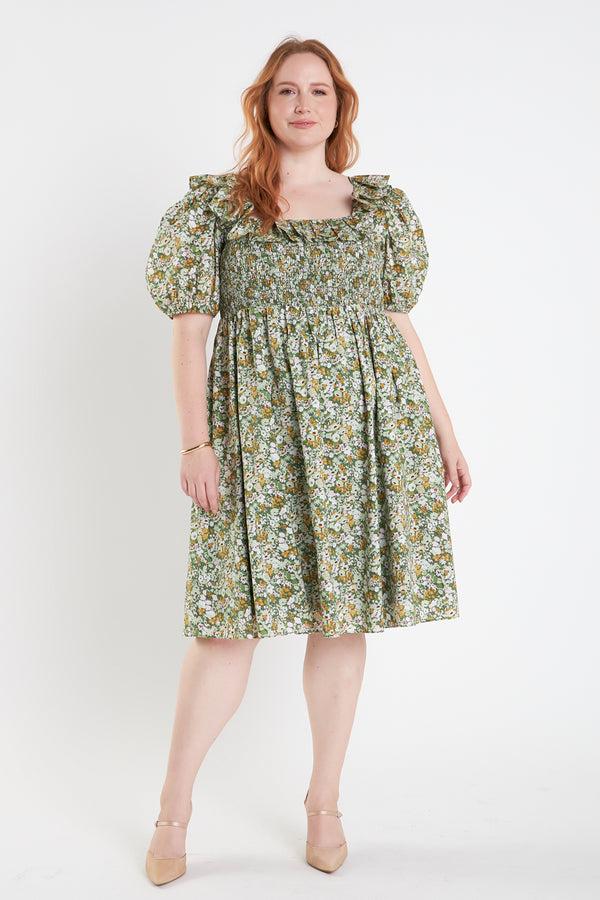 english factory Floral Print Smocked Puff Sleeve Dress GREEN MULTI