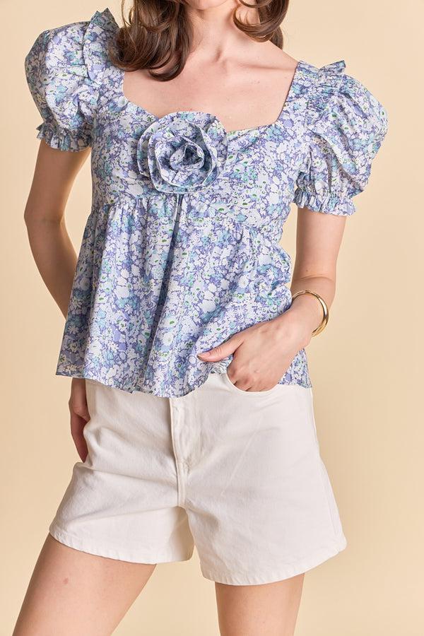 English Factory Floral Print Top With Flower BLUE MULTI