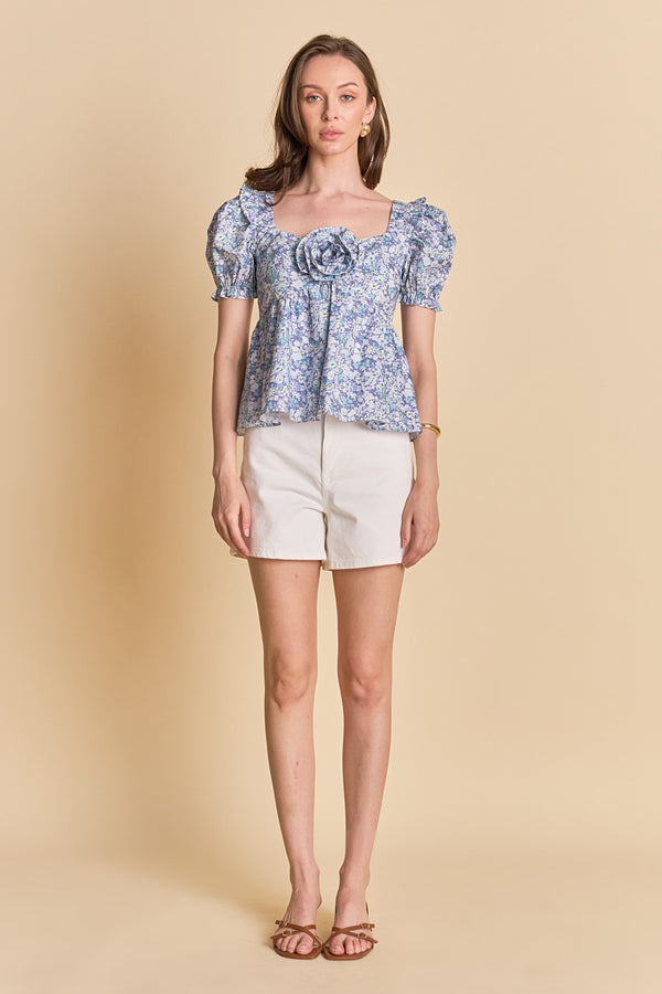 english factory Floral Print Top With Flower BLUE MULTI