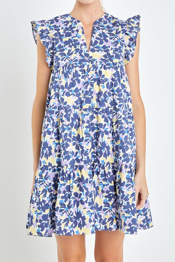 English Factory Floral Printed Babydoll Mini Dress BLUE MULTI