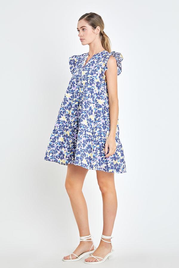 English Factory Floral Printed Babydoll Mini Dress BLUE MULTI