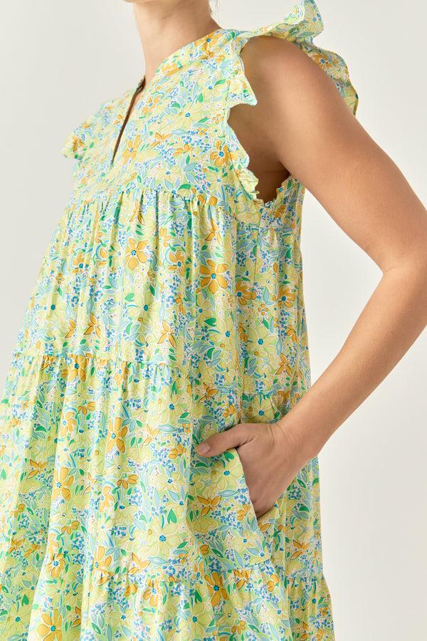 English Factory Floral Printed Babydoll V-Neck Mini Dress YELLOW MULTI