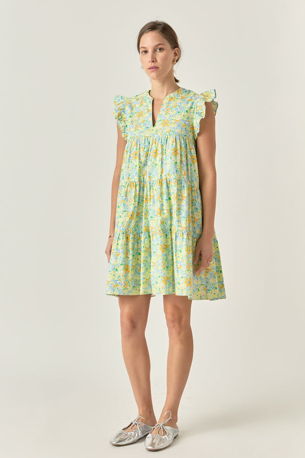 English Factory Floral Printed Babydoll V-Neck Mini Dress YELLOW MULTI
