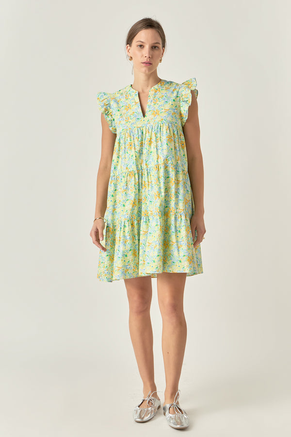 english factory Floral Printed Babydoll V-Neck Mini Dress YELLOW MULTI