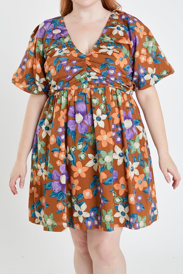 English Factory Floral Puffy Sleeve Mini Dress BROWN MULTI
