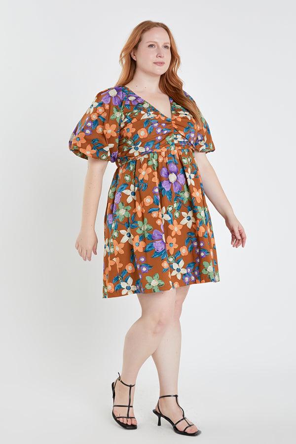 English Factory Floral Puffy Sleeve Mini Dress BROWN MULTI