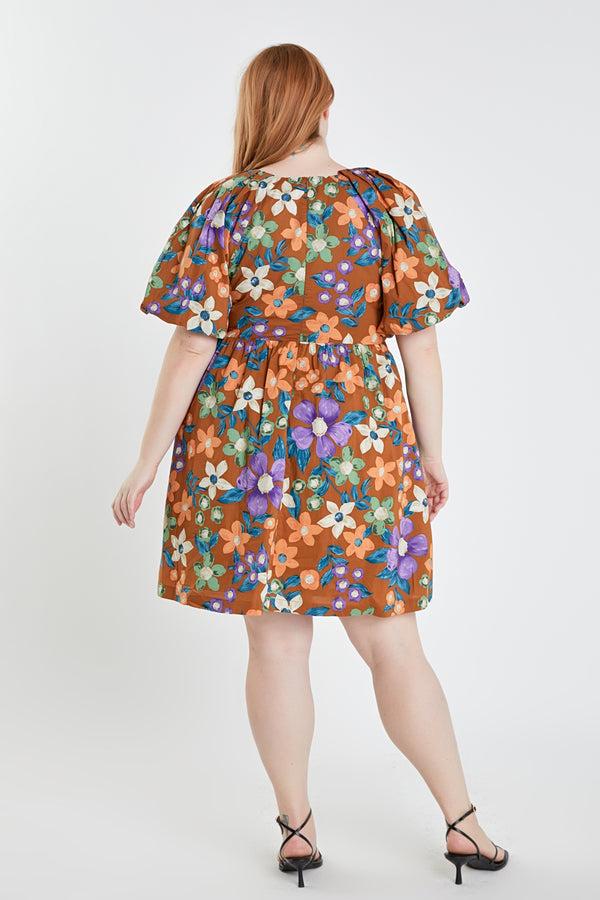 English Factory Floral Puffy Sleeve Mini Dress BROWN MULTI