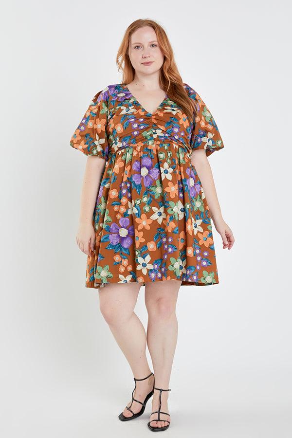 english factory Floral Puffy Sleeve Mini Dress BROWN MULTI