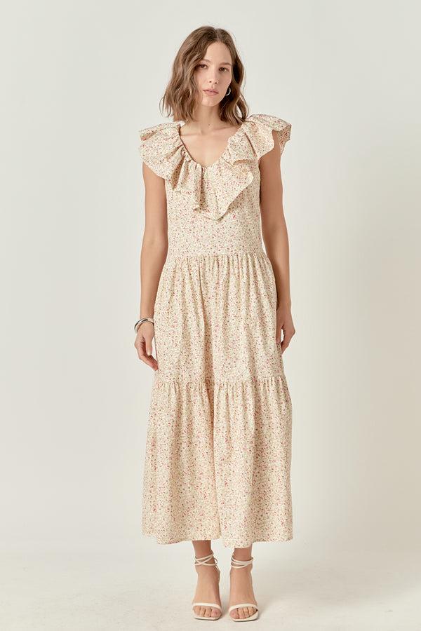 english factory Floral Ruffled Midi Dress RED MULTI