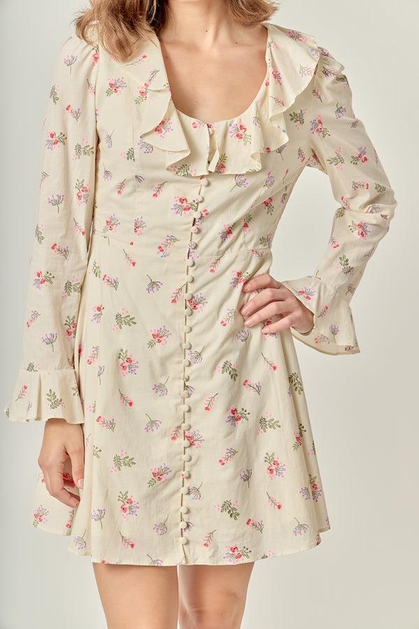 English Factory Floral Ruffled Neck Mini Dress IVORY
