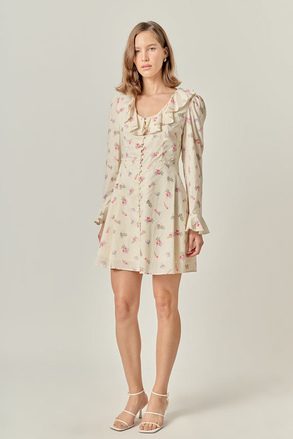 English Factory Floral Ruffled Neck Mini Dress IVORY