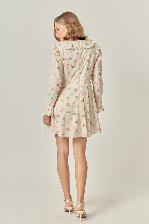 English Factory Floral Ruffled Neck Mini Dress IVORY