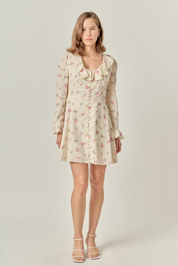 english factory Floral Ruffled Neck Mini Dress IVORY