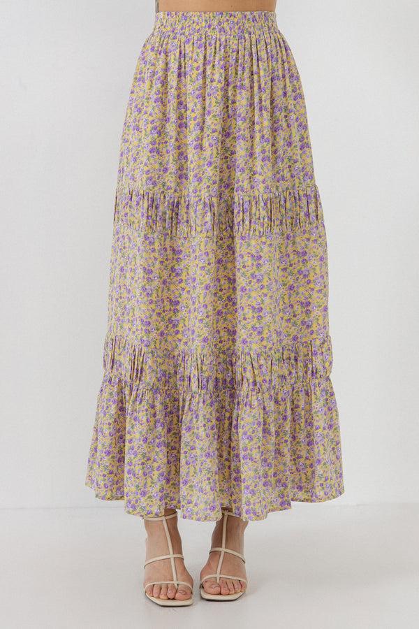 English Factory Floral Shirring Detail Long Skirt YELLOW/PURPLE