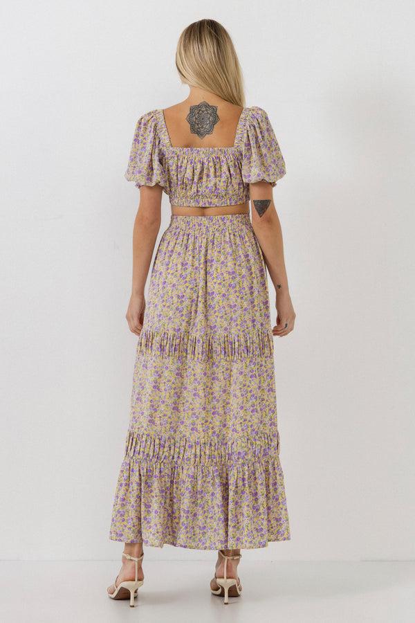 English Factory Floral Shirring Detail Long Skirt YELLOW/PURPLE
