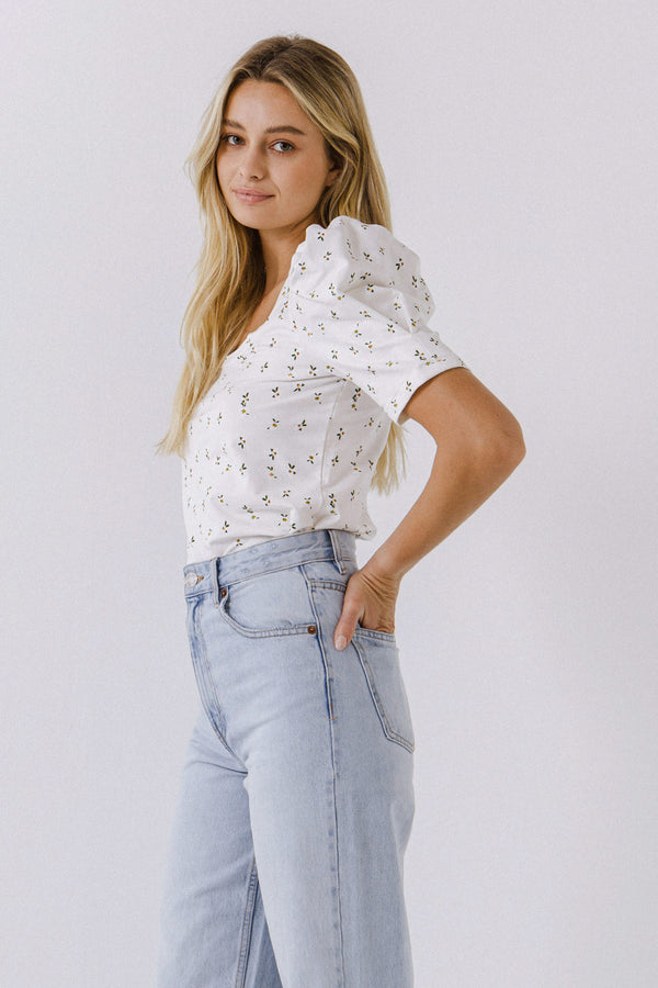 English Factory Floral Short Sleeve Knit Top WHITE MULTI