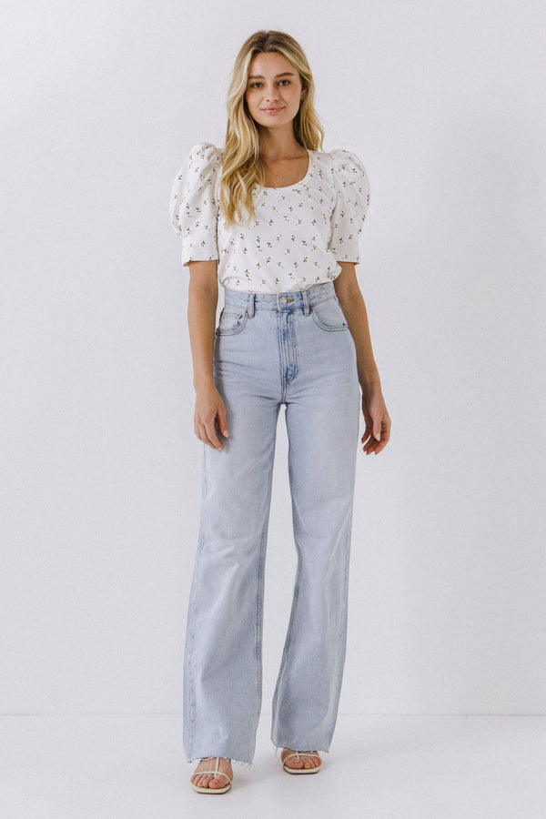 english factory Floral Short Sleeve Knit Top WHITE MULTI