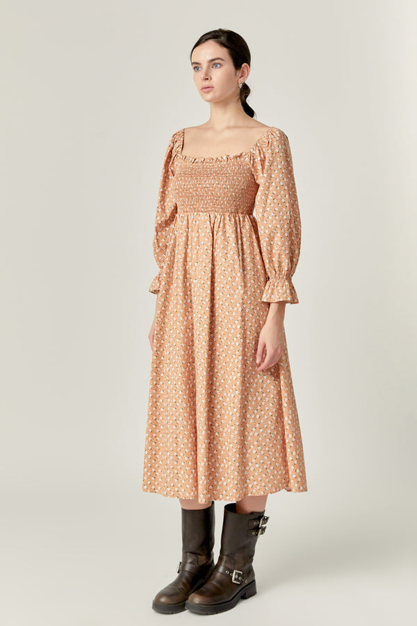 English Factory Floral Smocked Midi Dress TAN MULTI