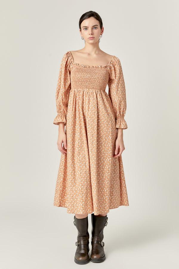 english factory Floral Smocked Midi Dress TAN MULTI