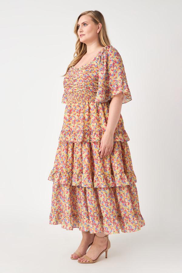 English Factory Floral Smocked Ruffle Tiered Maxi Dress MUSTARD COMBO