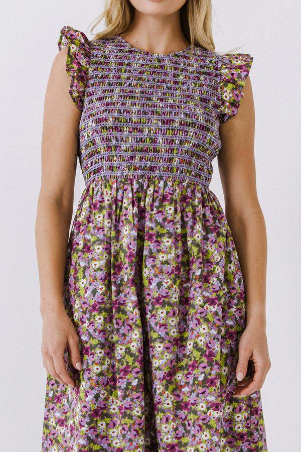 English Factory Floral Smocked Sleeveless Midi Dress PURPLE MULTI