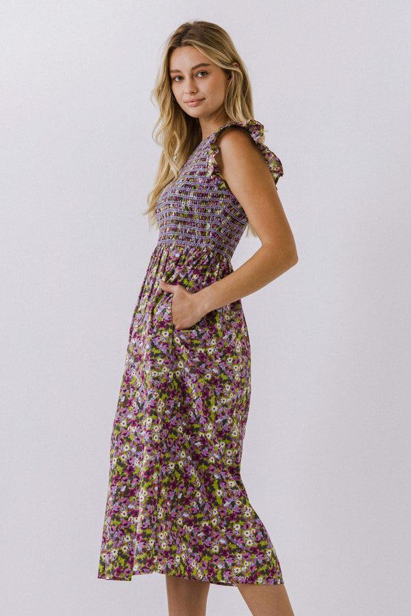 English Factory Floral Smocked Sleeveless Midi Dress PURPLE MULTI