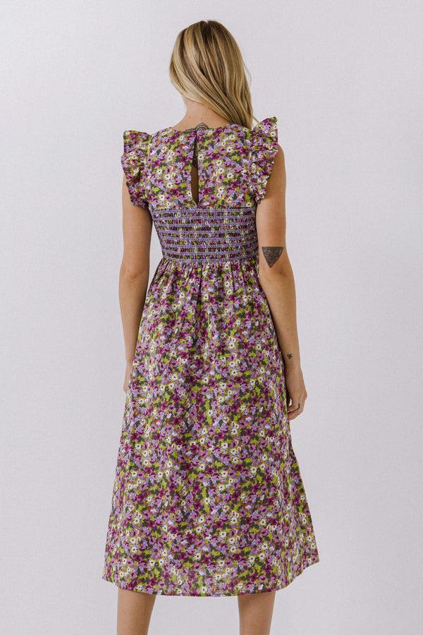English Factory Floral Smocked Sleeveless Midi Dress PURPLE MULTI