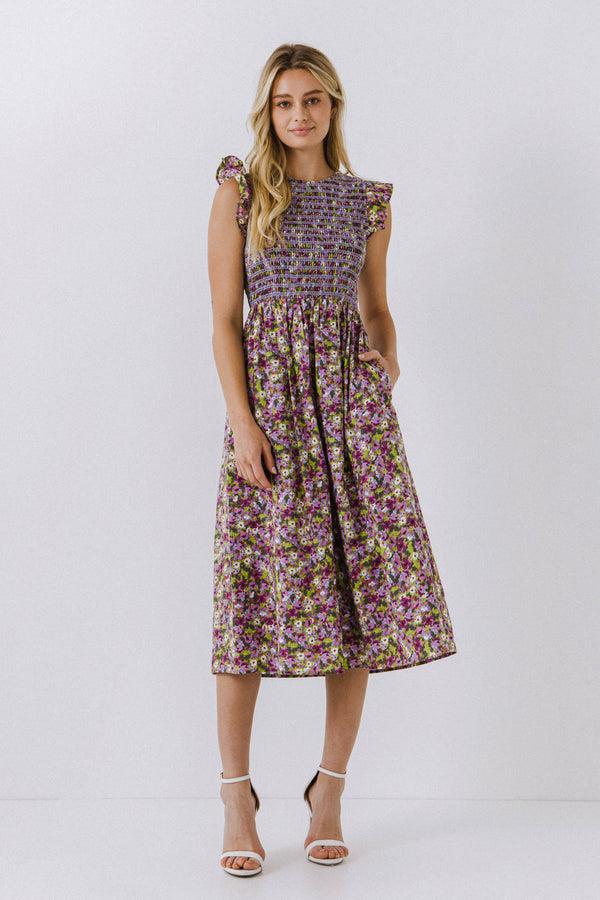 english factory Floral Smocked Sleeveless Midi Dress PURPLE MULTI