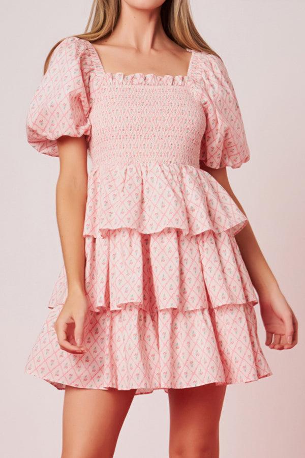 English Factory Floral Smocked Tiered Mini Dress PINK